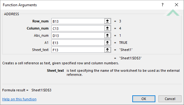 Built-in Excel ADDRESS Function using link - assign values to all ADDRESS function arguments