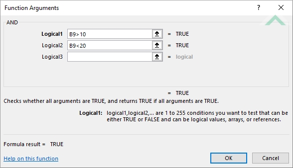 Built-in Excel AND Function using hardcoded values