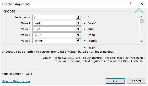 Built-in Excel CHOOSE Function using hardcoded values