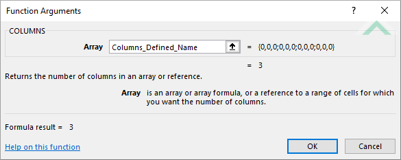 Built-in Excel COLUMNS Function - defined name reference