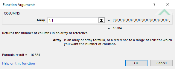 Built-in Excel COLUMNS Function - entire row