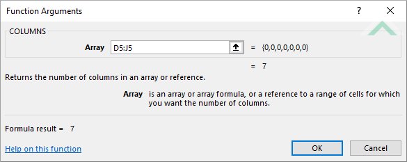 Built-in Excel COLUMNS Function - single range reference