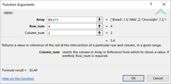 Built-in Excel INDEX Function using hardcoded values - return the value in the forth row second column from the range