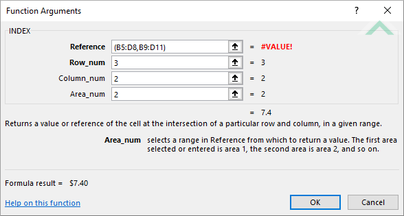 Built-in Excel INDEX Function using hardcoded values - return the value in the third row second column of the second range