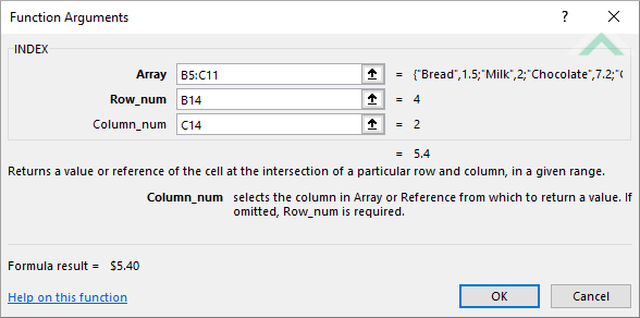 Built-in Excel INDEX Function using links - return the value in the forth row second column from the range