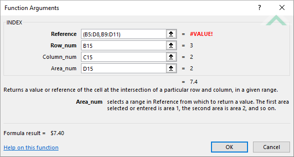 Built-in Excel INDEX Function using links - return the value in the third row second column of the second range