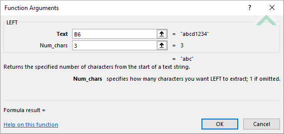 Built-in Excel LEFT Function using hardcoded values