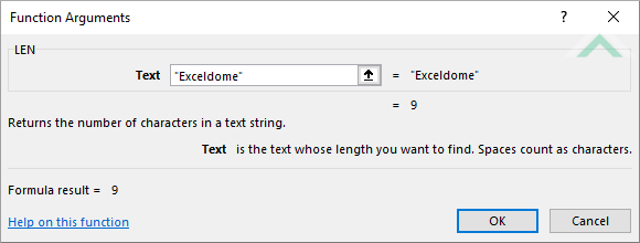 Built-in Excel LEN Function using hardocded values