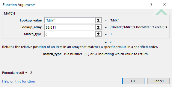 Built-in Excel MATCH Function using hardcoded values