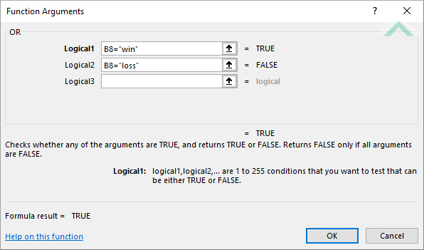 Built-in Excel OR Function using hardcoded values