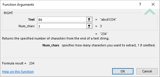 Built-in Excel RIGHT Function using hardcoded values