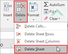 Click Delete and click Delete Sheet - Excel