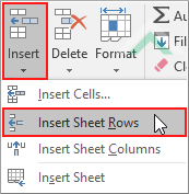 Click Insert and click Insert Sheet Rows