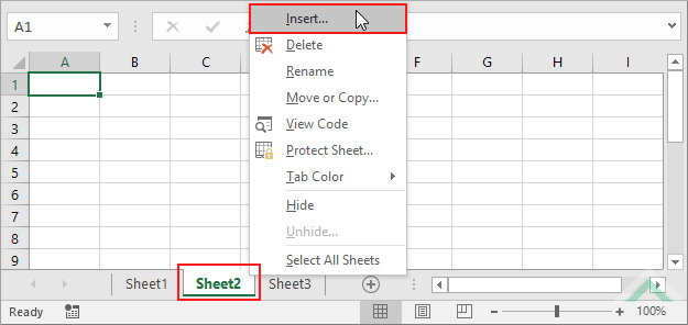 Right-click on a specific sheet and select Insert - Excel