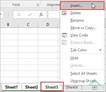 Right-click on one of the selected sheets and select Insert - Excel