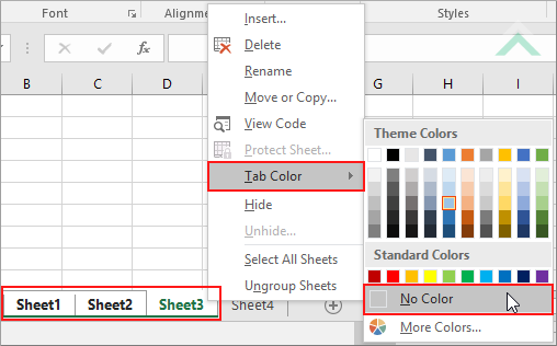 Right-click on one of the selected worksheets, select Tab Color and click No Color - Excel
