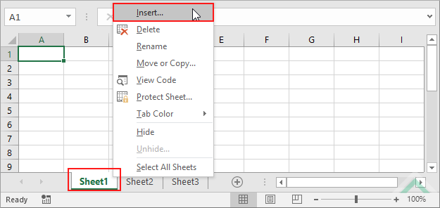 Right-click on the first sheet and select Insert - Excel
