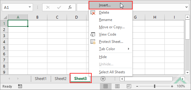 Right-click on the last sheet and select Insert - Excel