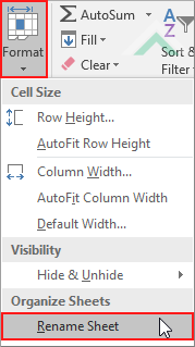 Select Format from Cells group and click Rename Sheet - Excel