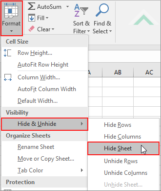 Select Format, select Hide and Unhide and select Hide Sheet - Excel