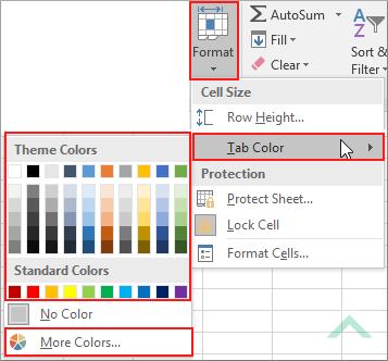 Select Format, select Tab color and select the color that you want