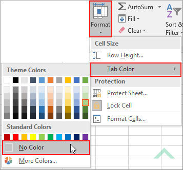 Select Format, select Tab Color click on No Color - Excel
