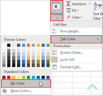 Select Format, select Tab color click on No Color - Excel