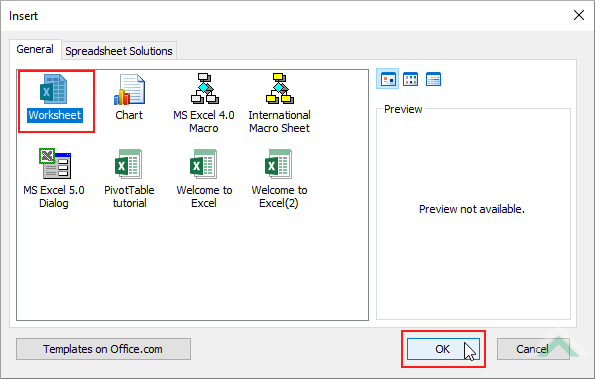 Select Worksheet and click OK - Excel