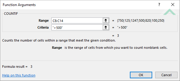 Built-in Excel COUNTIF Function using hardocded values