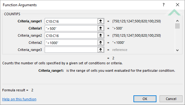 Built-in Excel COUNTIFS Function using hardocded values