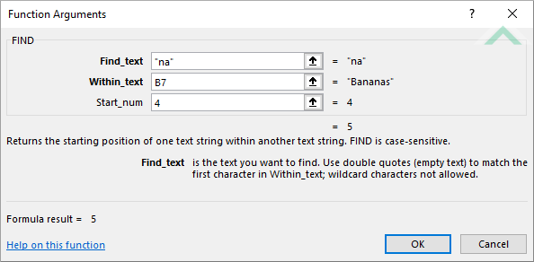 Built-in Excel FIND Function using hardocded values