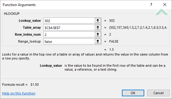 Built-in Excel HLOOKUP Function using hardocded values