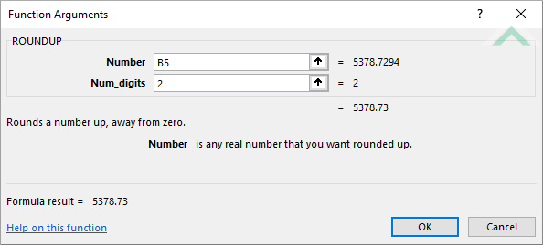 Built-in Excel ROUNDUP Function using hardocded values