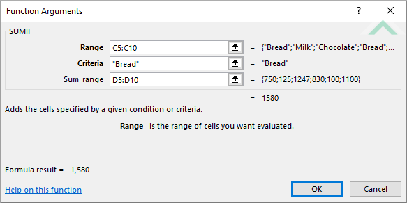 Built-in Excel SUMIF Function using hardocded 