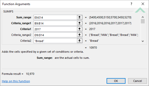 Built-in Excel SUMIFS Function using hardocded values