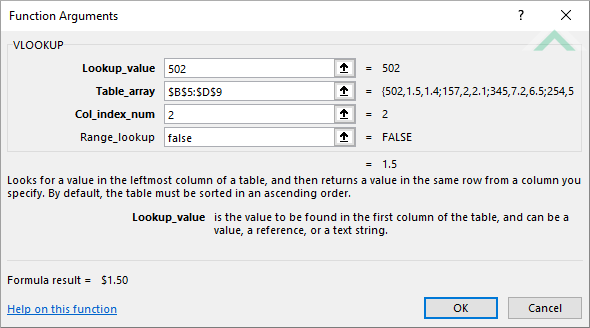 Built-in Excel VLOOKUP Function using hardocded values
