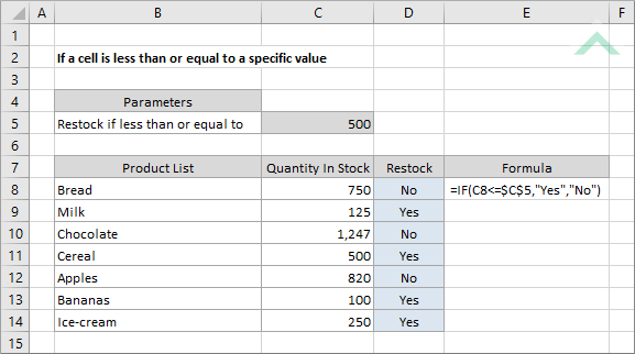 If a cell is less than or equal to a specific value