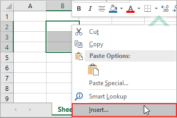 Right-click on any of the selected cells and click Insert