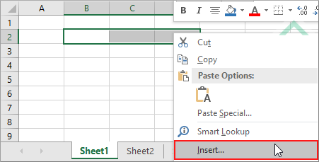 Right-click on any of the selected cells and click Insert