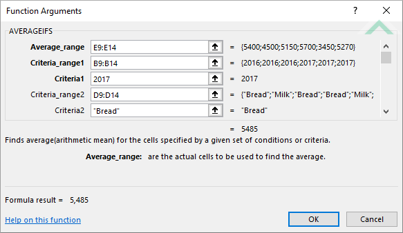 Built-in Excel AVERAGEIFS Function using hardocded values