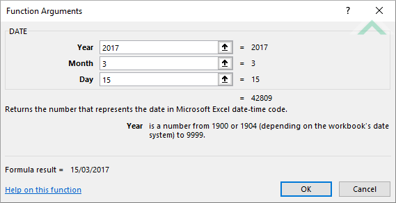 Built-in Excel DATE Function using hardocded values