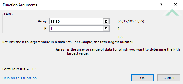 Built-in Excel LARGE Function using hard