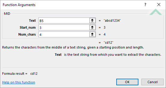 Built-in Excel MID Function using hardocded values