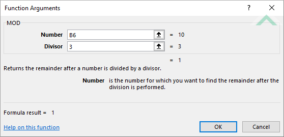 Built-in Excel MOD Function using hardocded values