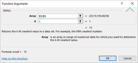 Built-in Excel SMALL Function using hardocded values