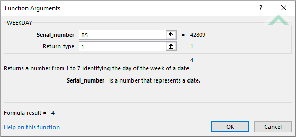 Built-in Excel WEEKDAY Function using hardocded values
