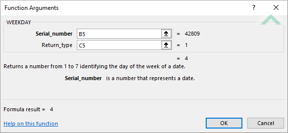 Built-in Excel WEEKDAY Function using links