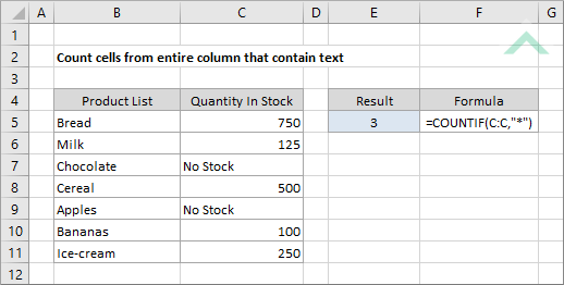 Count cells from entire column that contain text