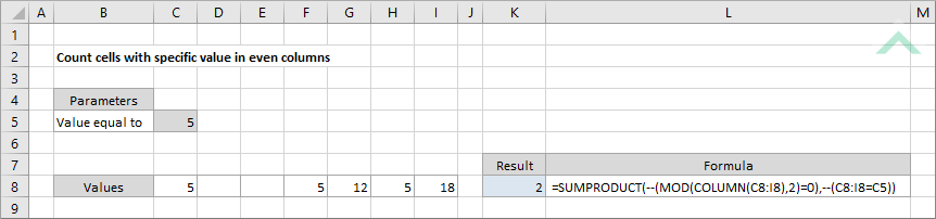 Count cells with specific value in even columns