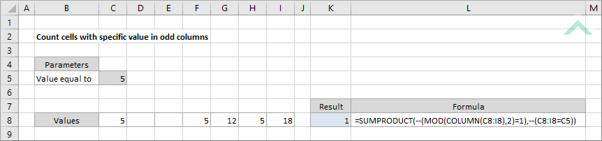 Count cells with specific value in odd columns